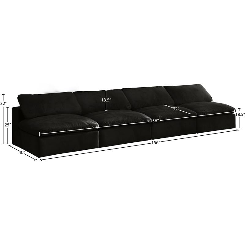 Meridian Furniture Cozy Black Velvet Modular 4 Piece Armless Sofa