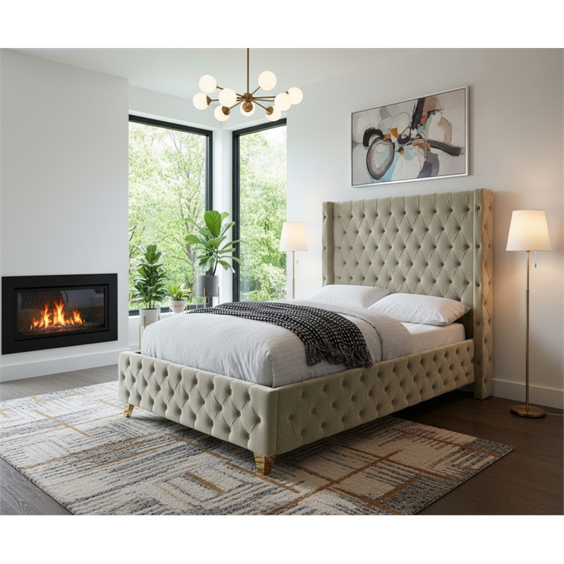Meridian Furniture Savan Cream Velvet Twin Bed