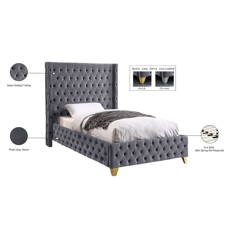 Meridian Furniture Savan Gray Velvet Twin Bed