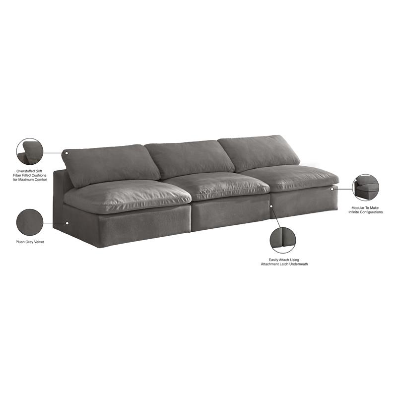 Meridian Furniture Cozy Gray Velvet Modular 3 Piece Armless Sofa