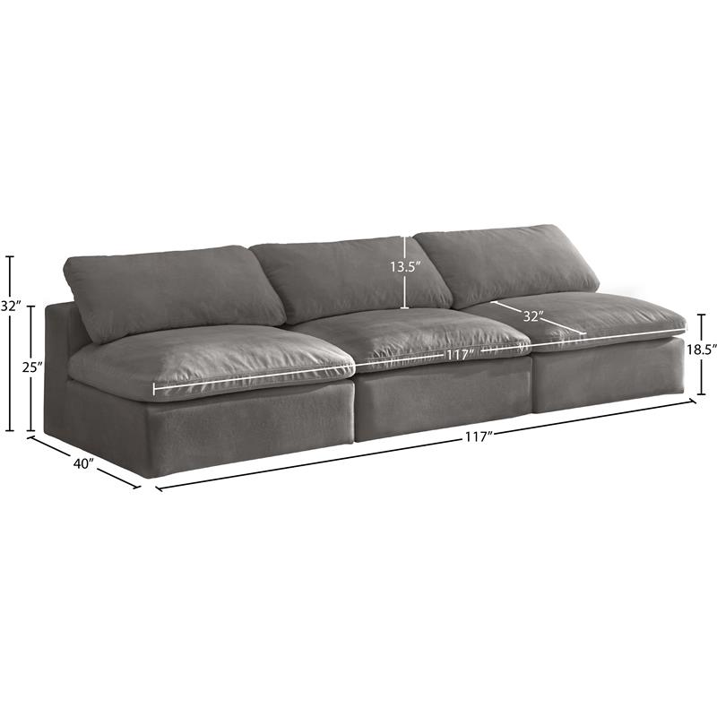 Meridian Furniture Cozy Gray Velvet Modular 3 Piece Armless Sofa