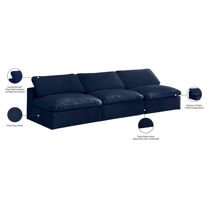 Meridian Furniture Cozy Navy Velvet Modular 3 Piece Armless Sofa