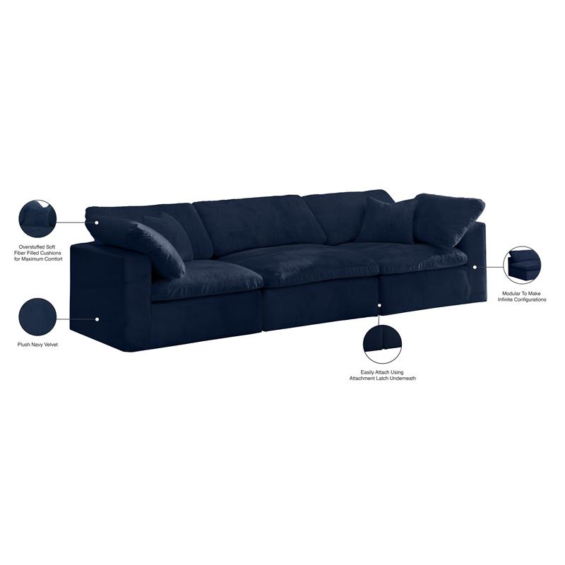 Meridian Furniture Cozy Navy Velvet Modular 3 Piece Sofa