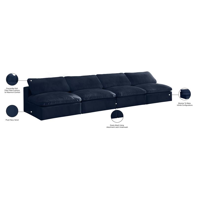 Meridian Furniture Cozy Navy Velvet Modular 4 Piece Armless Sofa
