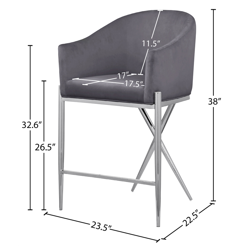 Meridian Furniture Xavier Gray Velvet Counter Stool with Chrome Metal Legs