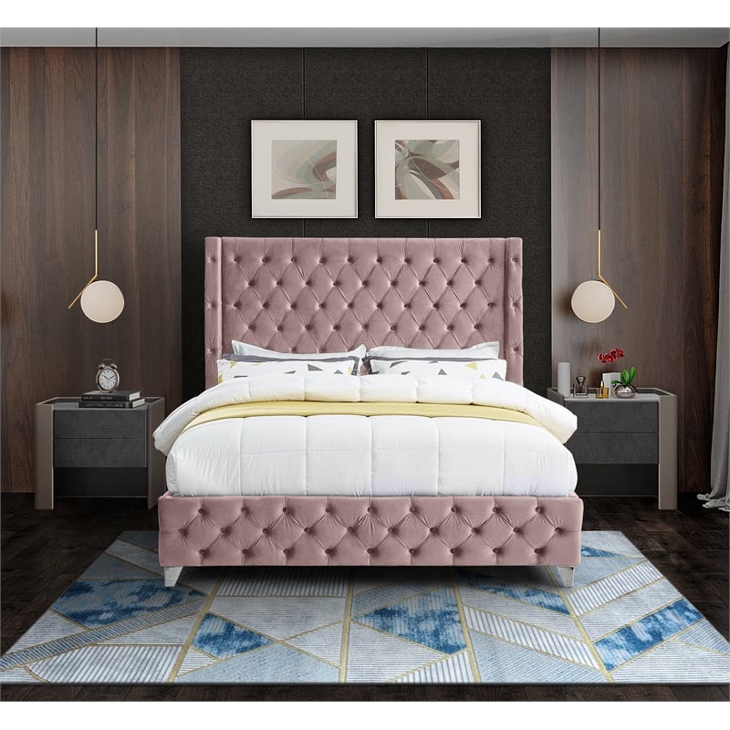Meridian Furniture Savan Pink Velvet Full Bed