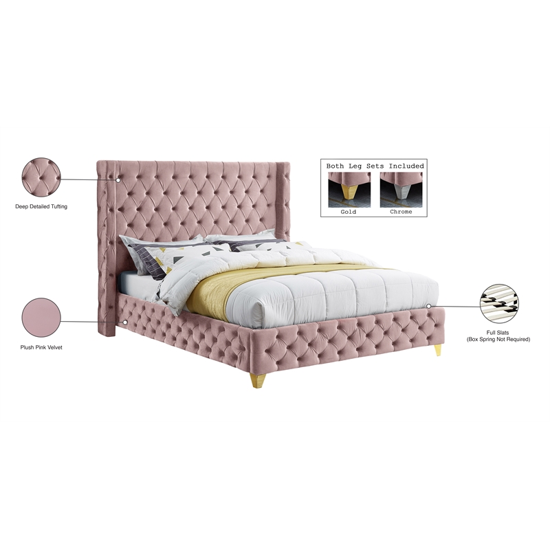 Meridian Furniture Savan Pink Velvet Queen Bed