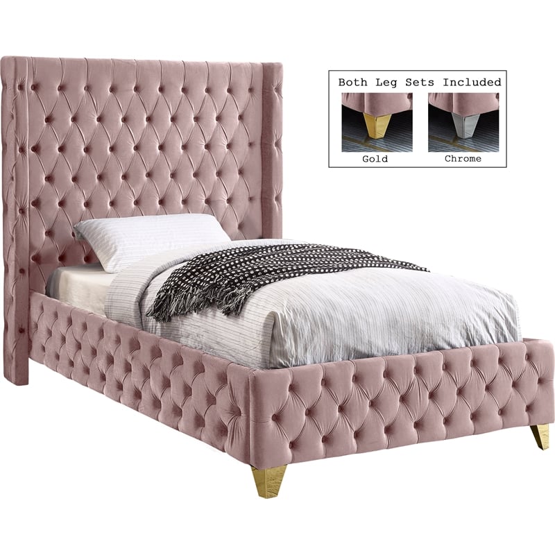 Meridian Furniture Savan Pink Velvet Twin Bed