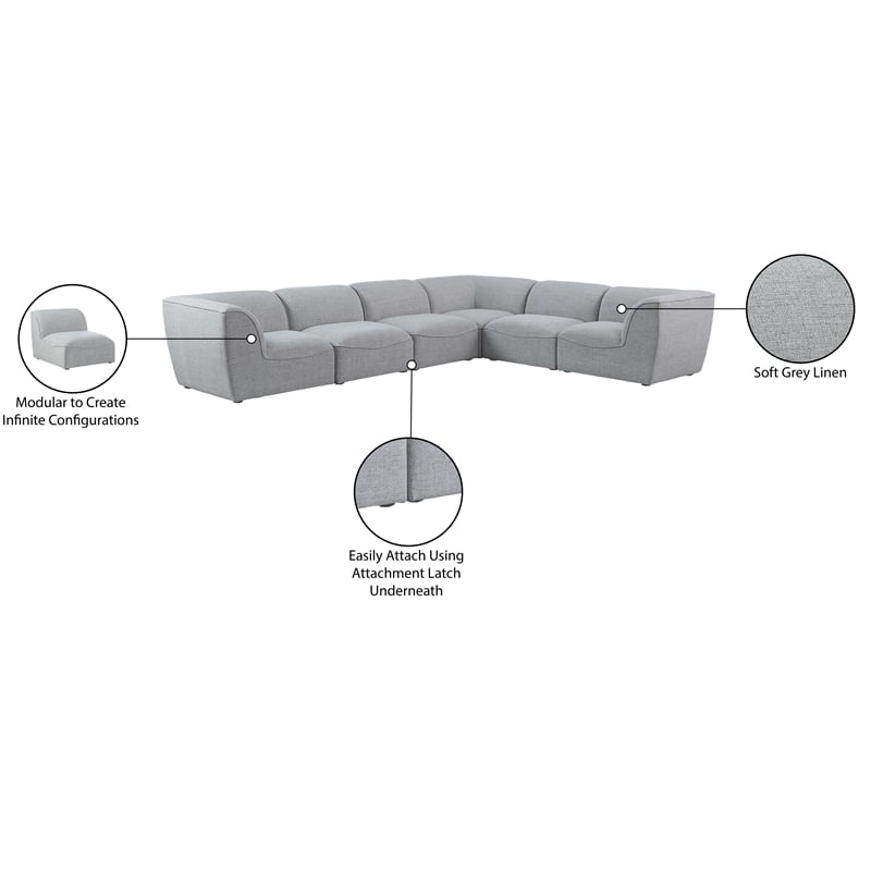 Meridian Furniture Miramar Grey Durable Linen Textured Modular Sectional
