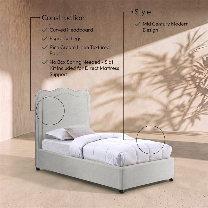 Meridian Furniture Felix Cream Linen Textured Fabric Twin Bed