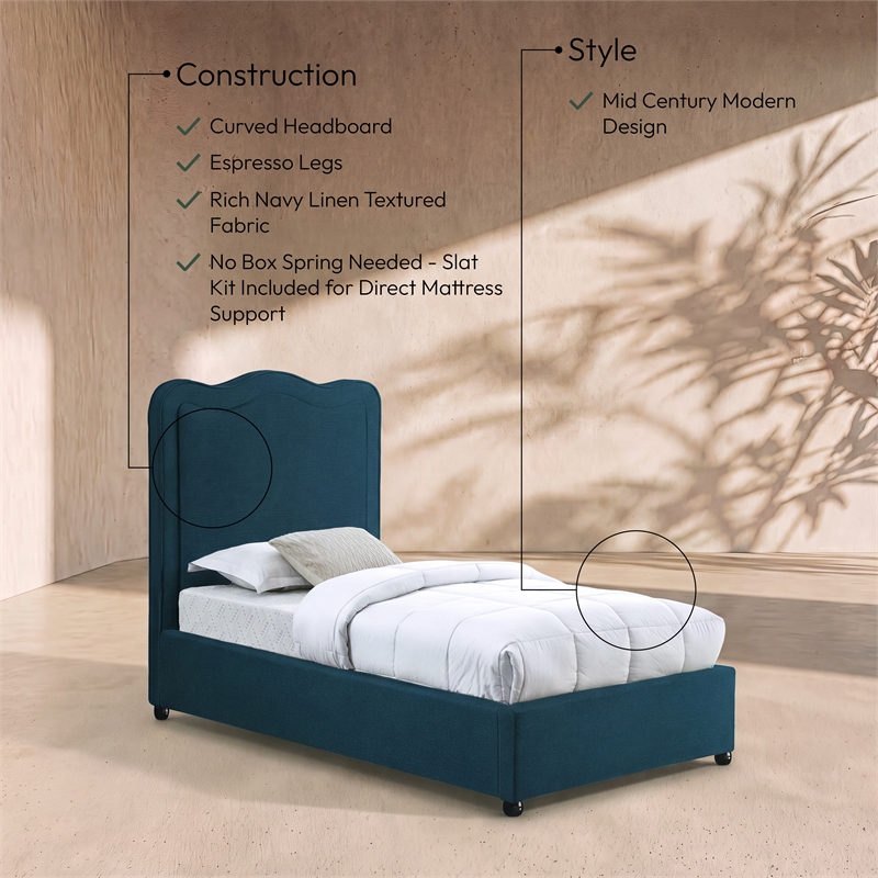Meridian Furniture Felix Navy Linen Textured Fabric Twin Bed