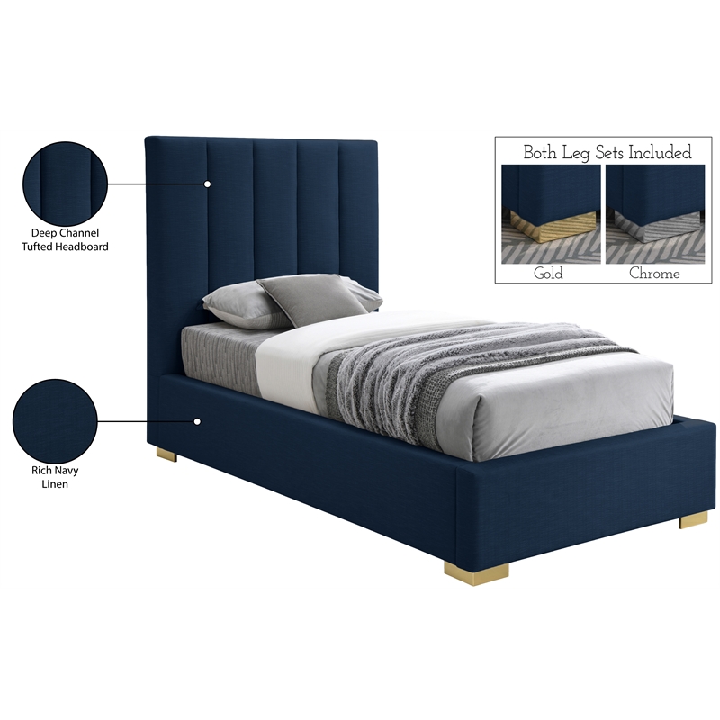 Meridian Furniture Pierce Navy Linen Textured Fabric Twin Bed