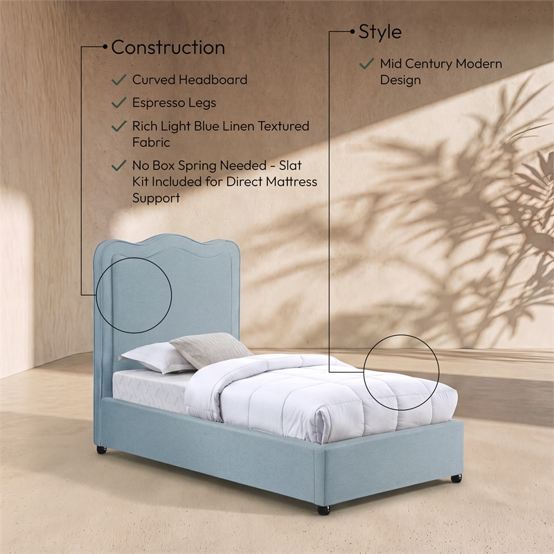 Meridian Furniture Felix Light Blue Linen Textured Fabric Twin Bed