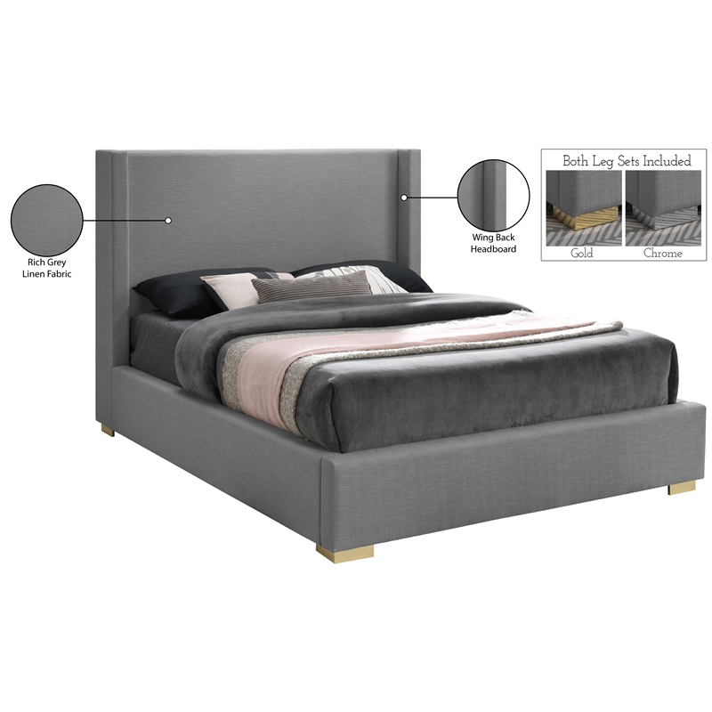 Meridian Furniture Royce Grey Linen Textured Fabric Full Bed