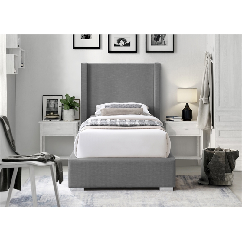 Meridian Furniture Royce Grey Linen Textured Fabric Twin Bed