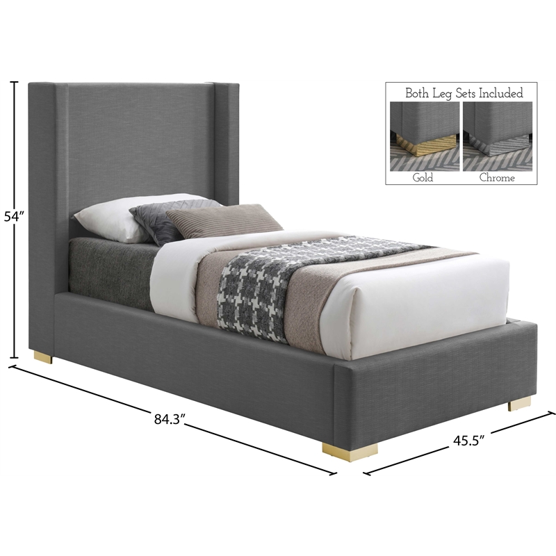 Meridian Furniture Royce Grey Linen Textured Fabric Twin Bed