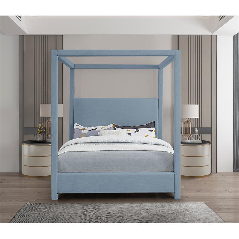 Meridian Furniture Emerson Sky Blue Linen Textured Fabric Queen Bed