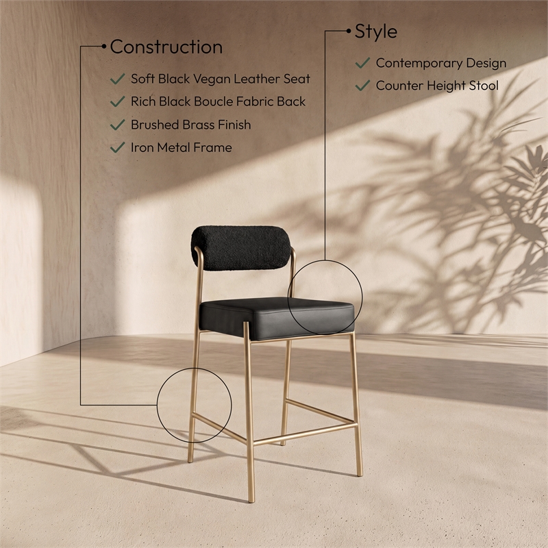 Meridian Furniture Carly Black Vegan Leather / Boucle Counter Stool