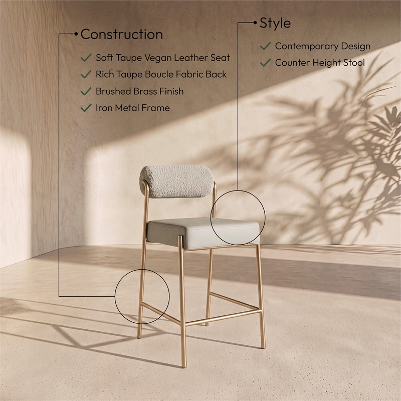 Meridian Furniture Carly Taupe Vegan Leather / Boucle Counter Stool