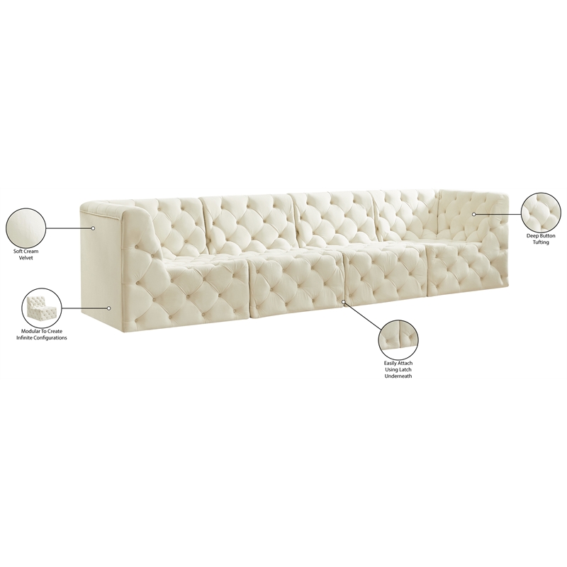 meridian furniture tuft cream velvet modular sofa