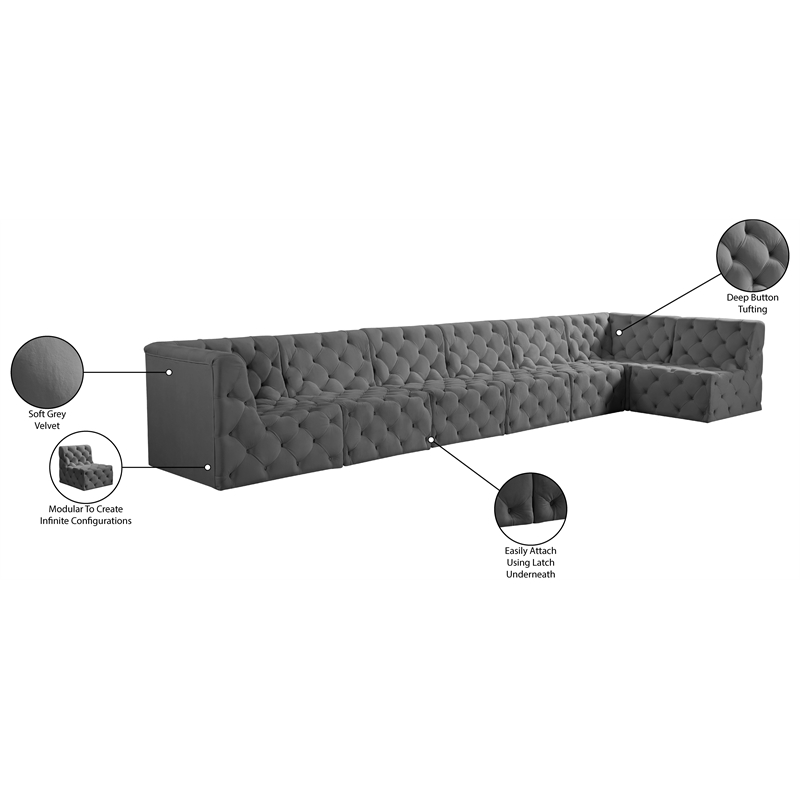 Meridian Furniture Tuft Grey Velvet Modular Sectional