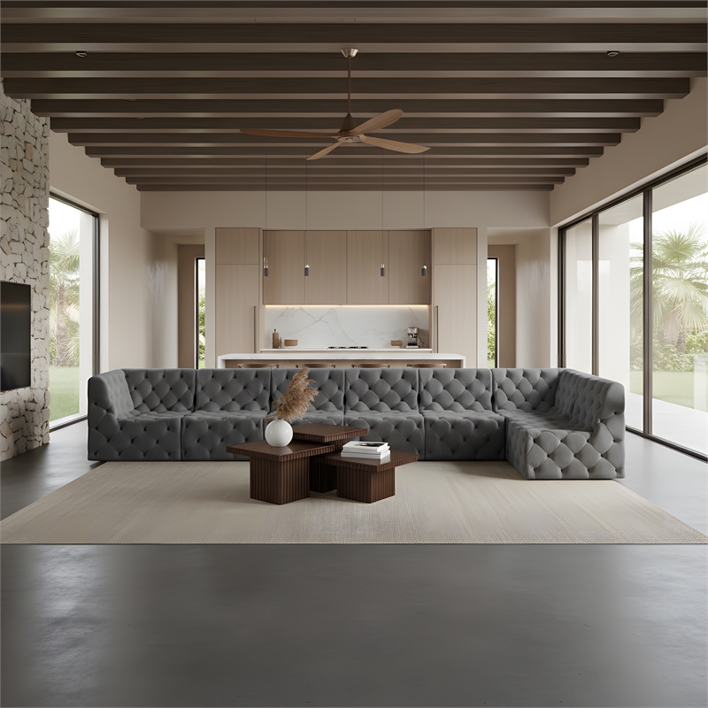 Meridian Furniture Tuft Grey Velvet Modular Sectional