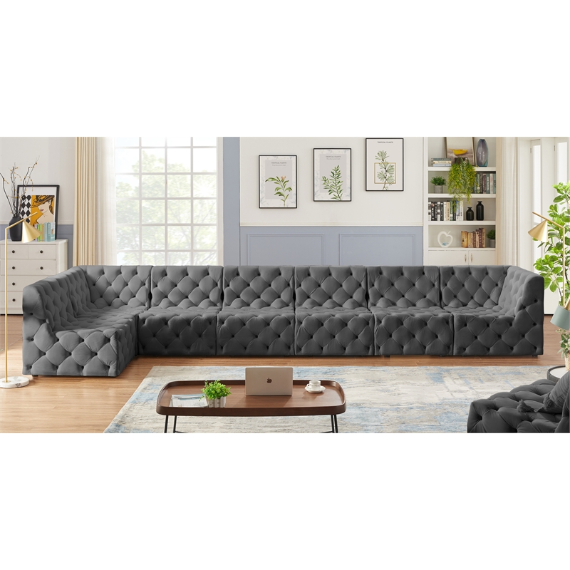 Meridian Furniture Tuft Grey Velvet Modular Sectional