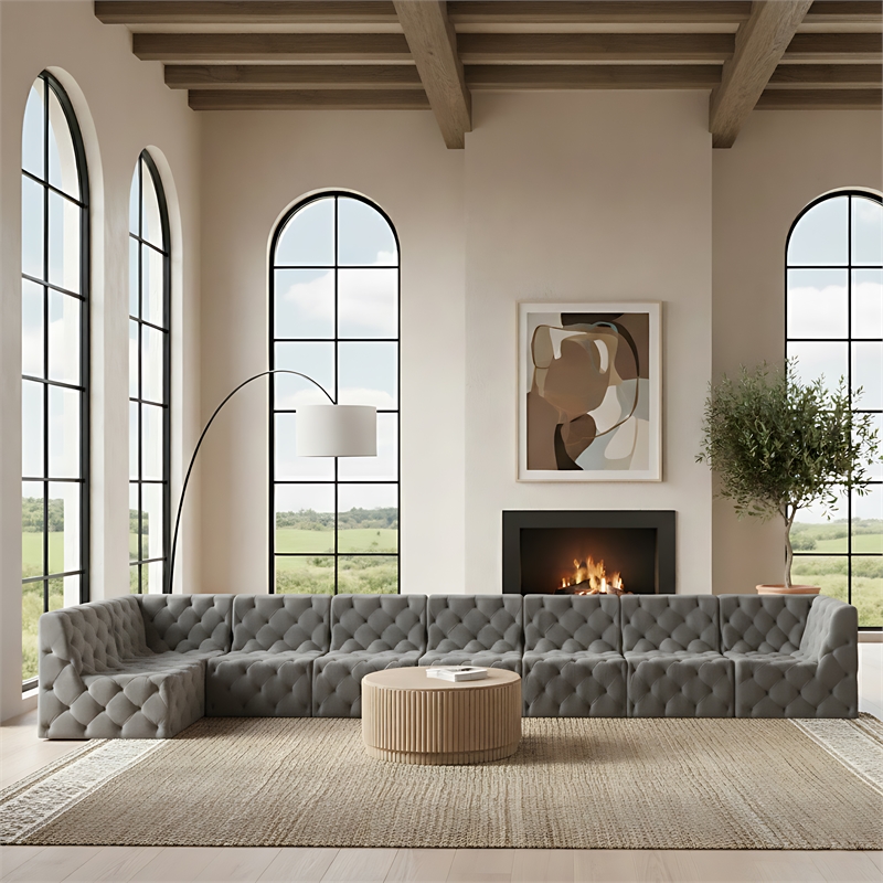 Meridian Furniture Tuft Grey Velvet Modular Sectional