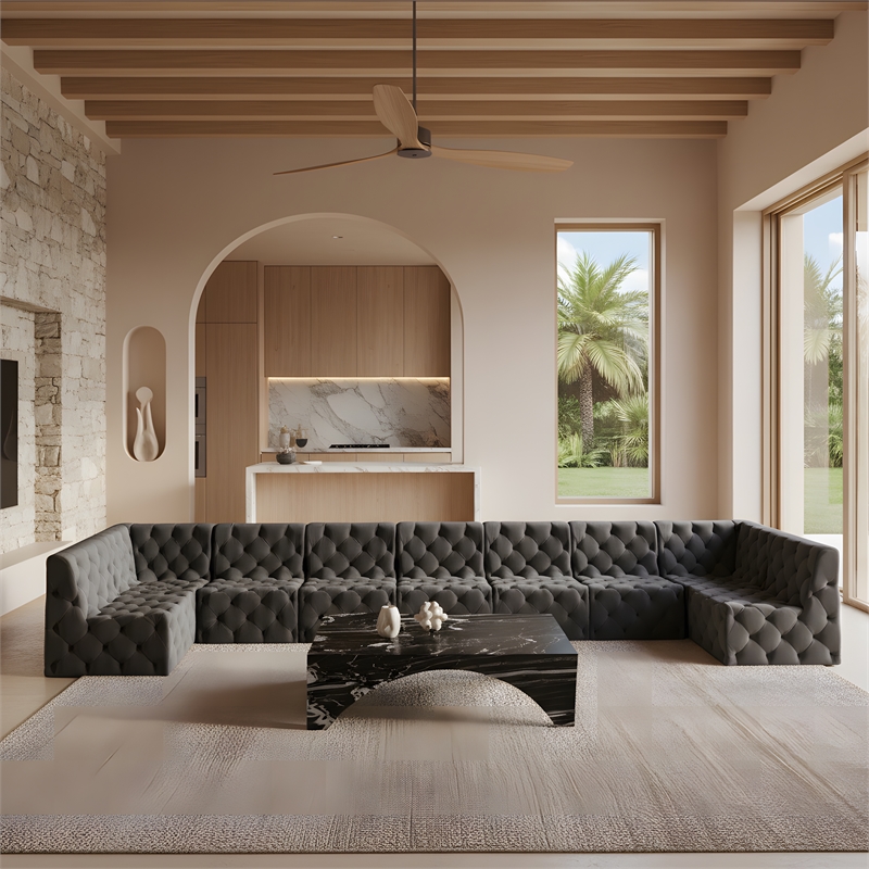 Meridian Furniture Tuft Grey Velvet Modular Sectional