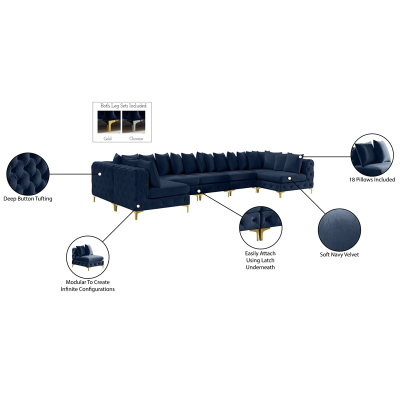 Meridian Furniture Tremblay Velvet Modular Sectional/Pillow in Navy/Gold-Chrome