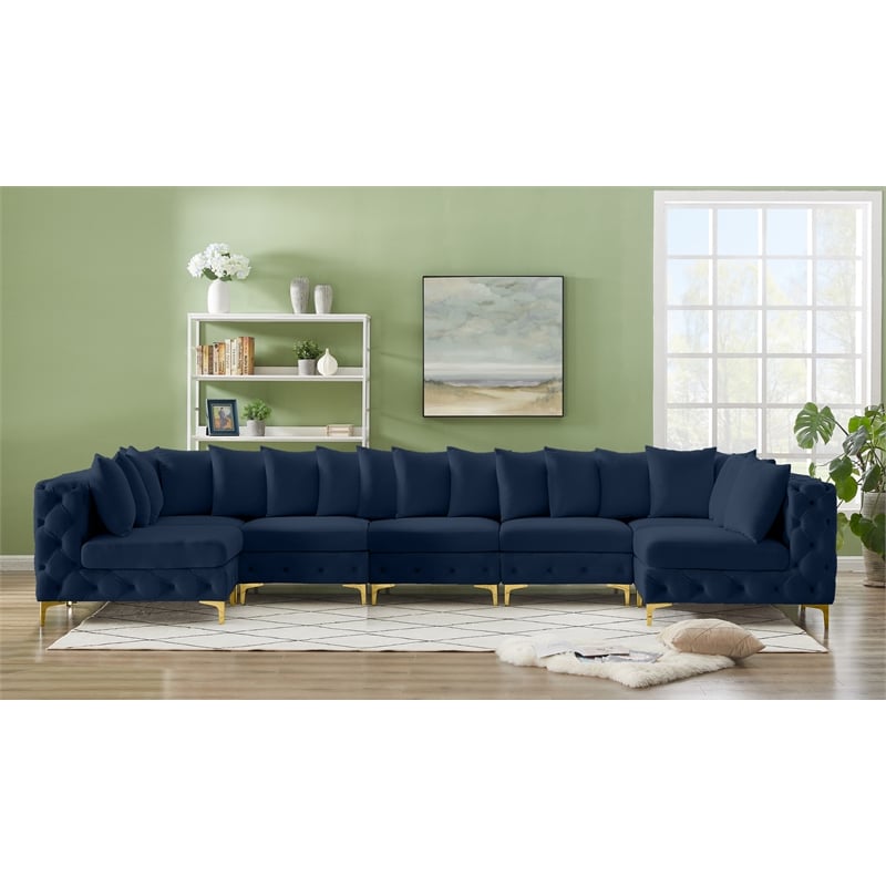 Meridian Furniture Tremblay Velvet Modular Sectional/Pillow in Navy/Gold-Chrome