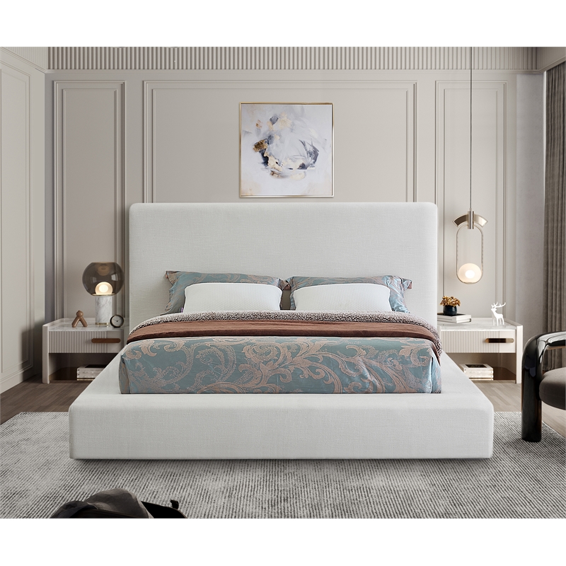 Meridian Furniture Devin Cream Linen Textured Fabric Queen Bed
