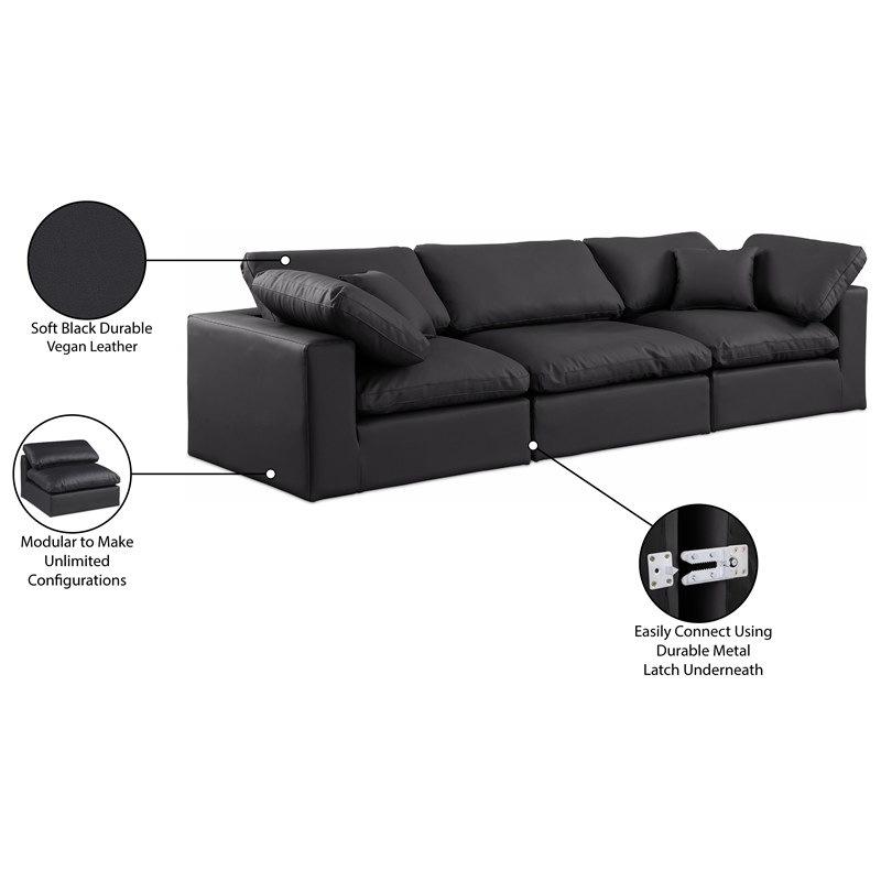 Meridian Furniture Comfy Black Vegan Leather 3-Pc. Modular Sofa