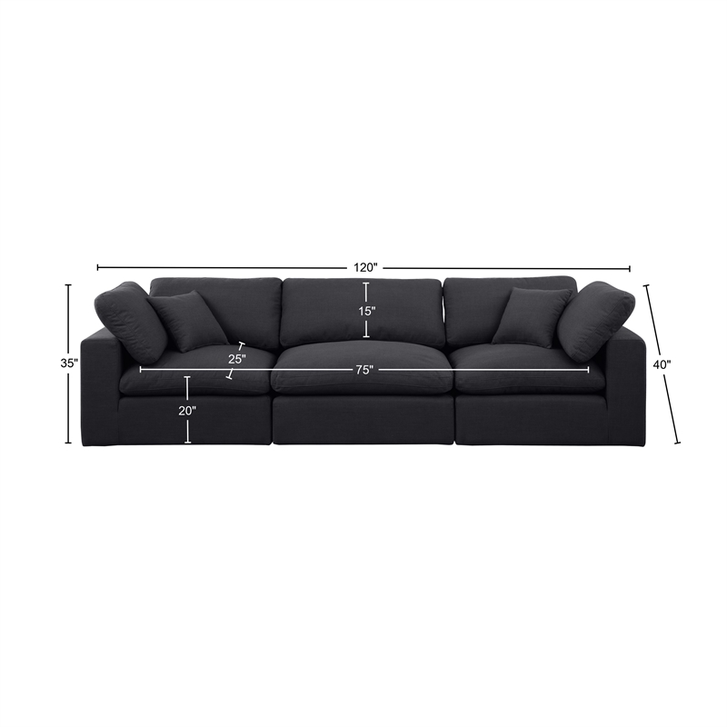 meridian furniture comfy black linen textured fabric 3-pc. modular sofa