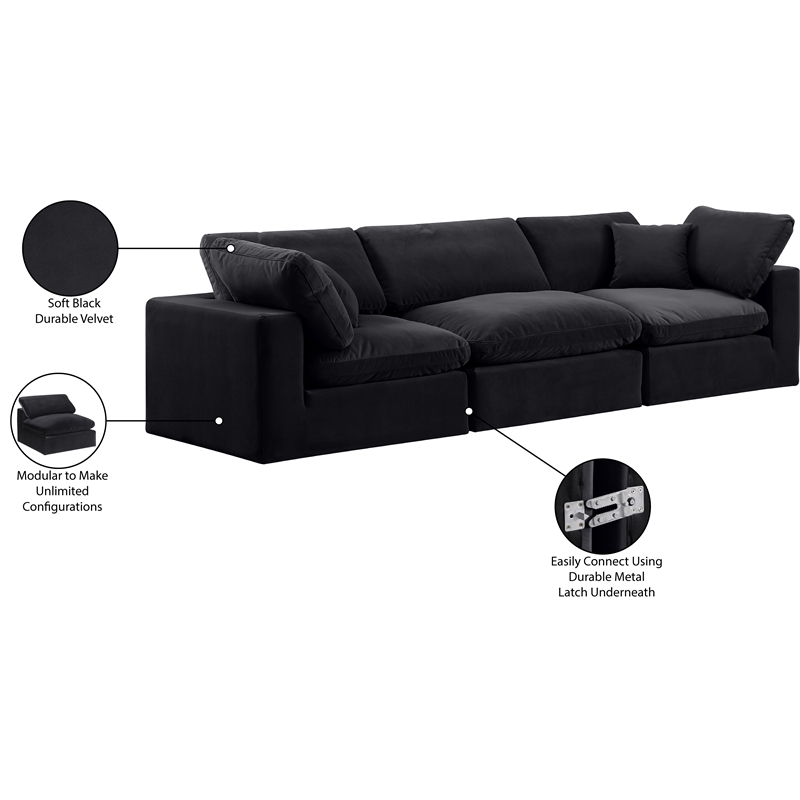meridian furniture comfy black velvet 3-pc. modular sofa