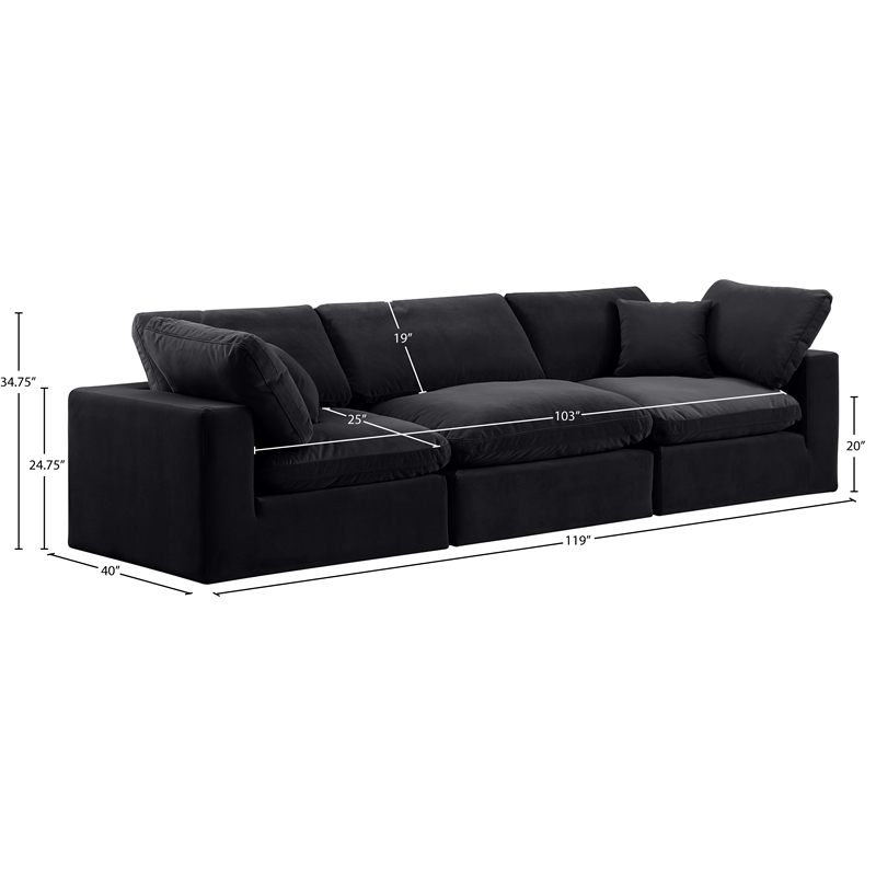 meridian furniture comfy black velvet 3-pc. modular sofa