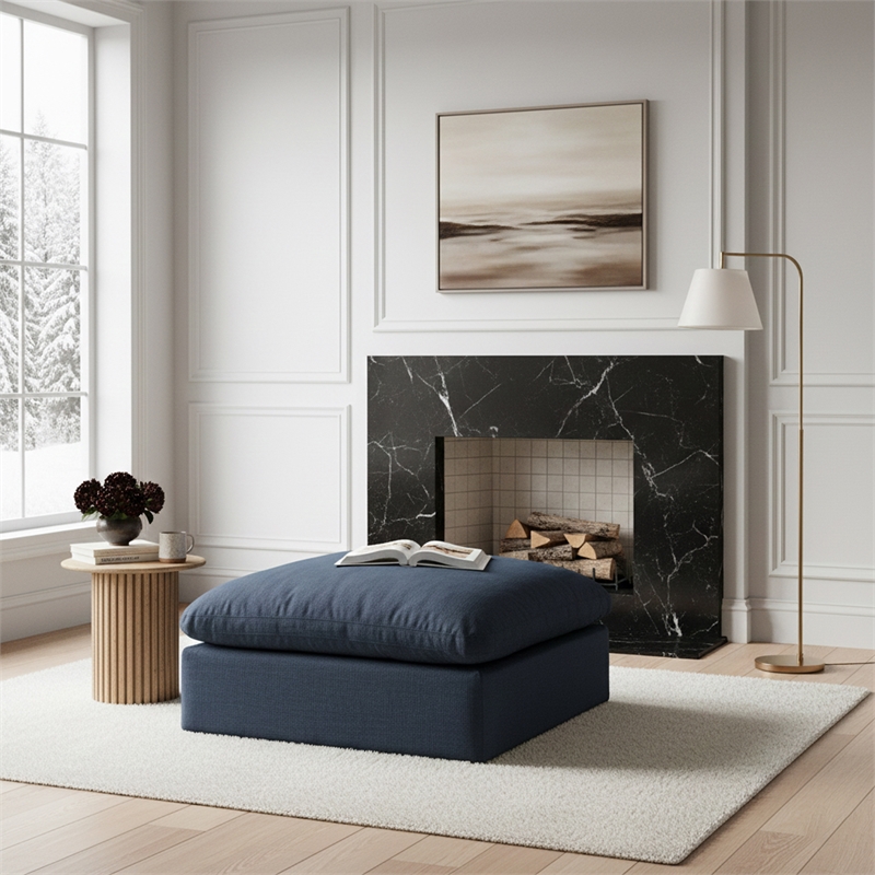 Meridian Furniture Comfy Navy Linen Textured Fabric Ottoman