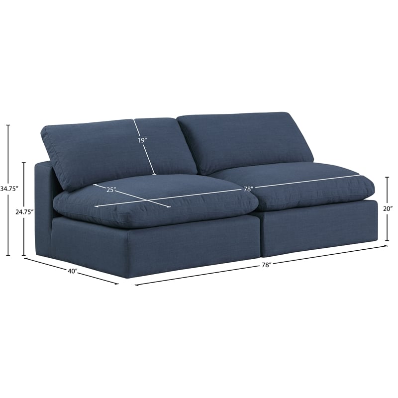 meridian furniture comfy navy linen textured fabric 2-pc. modular sofa
