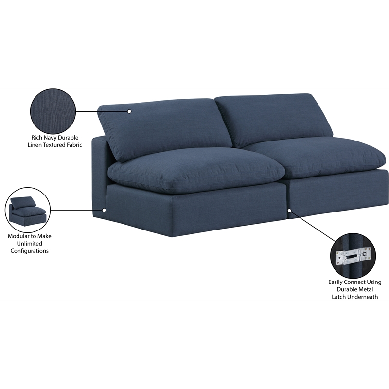 meridian furniture comfy navy linen textured fabric 2-pc. modular sofa