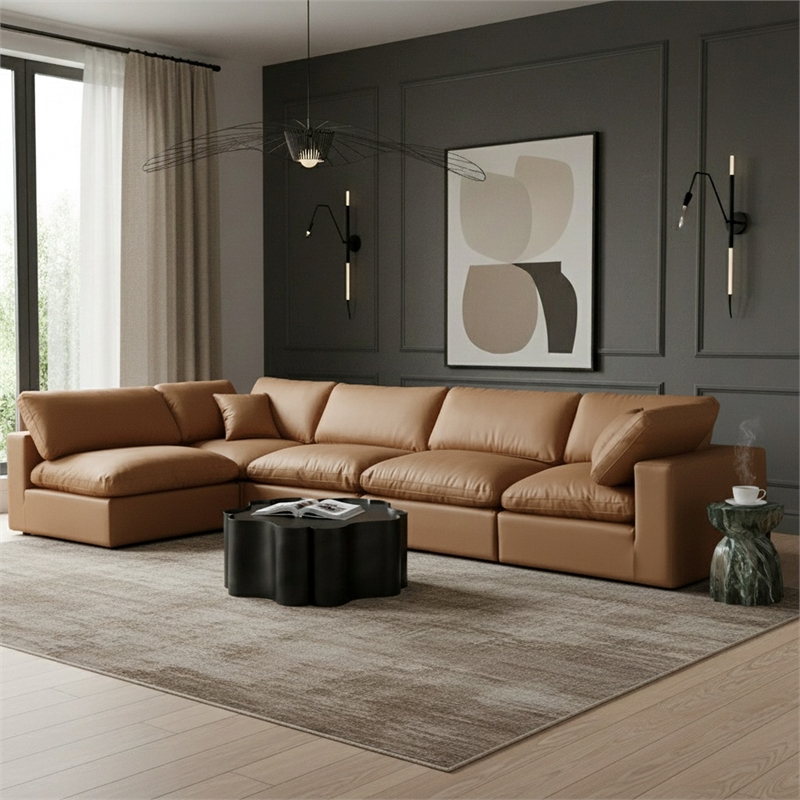 Meridian Furniture Comfy Cognac Vegan Leather 5-Pc. Modular Sectional