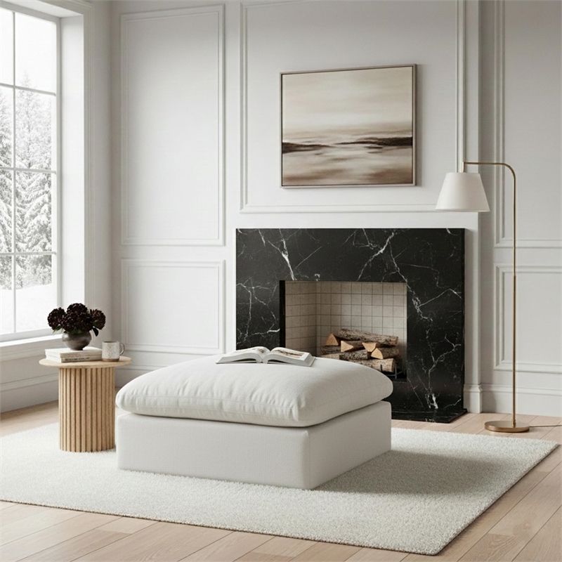 Meridian Furniture Comfy White Linen Textured Fabric Ottoman