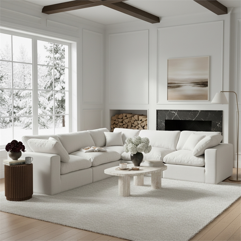 Meridian Furniture Comfy White Linen Textured Fabric 5-Pc. Modular Sectional