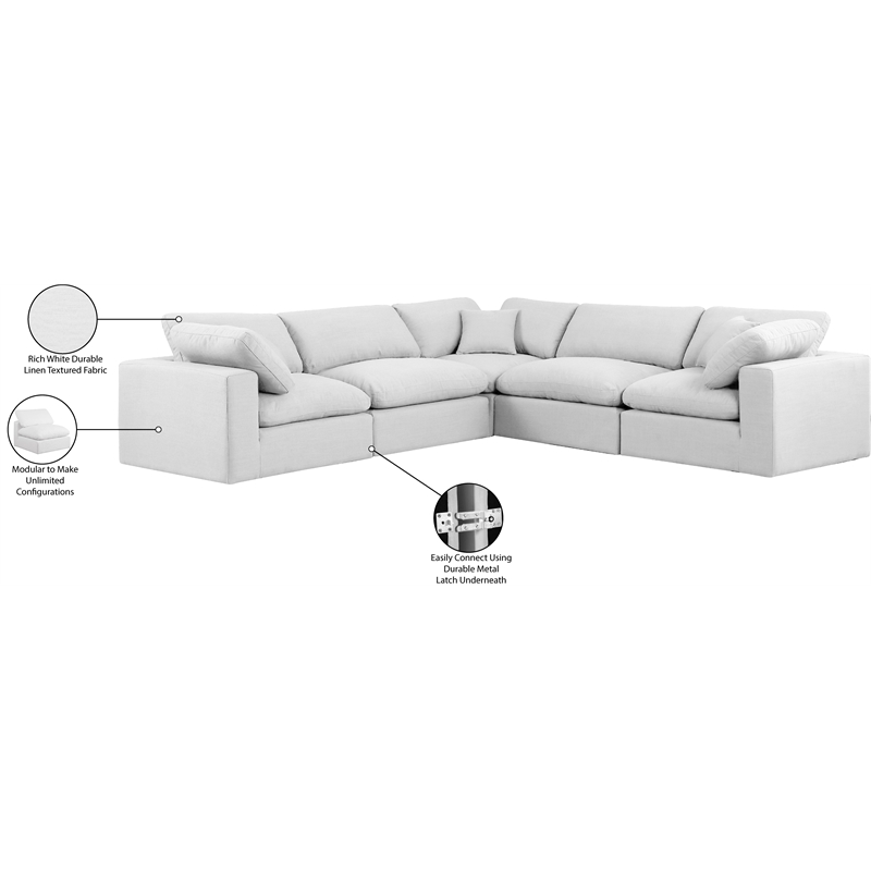 Meridian Furniture Comfy White Linen Textured Fabric 5-Pc. Modular Sectional