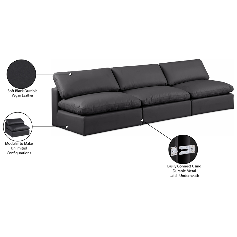 Meridian Furniture Comfy Black Vegan Leather 3-Pc. Modular Sofa