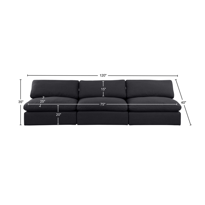 meridian furniture comfy black linen textured fabric 3-pc. modular sofa