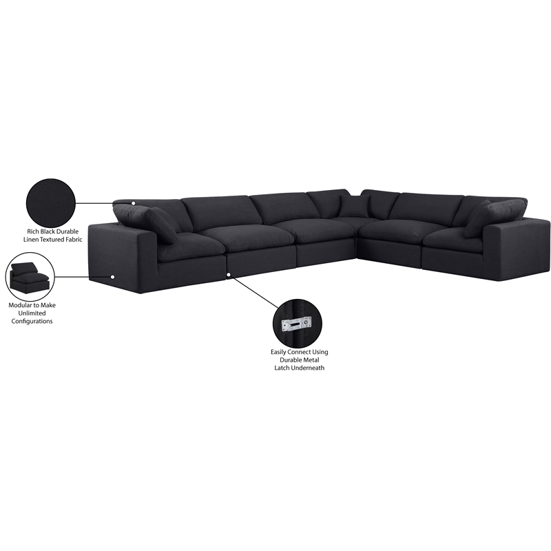 Meridian Furniture Comfy Black Linen Textured Fabric 6-Pc. Modular Sectional