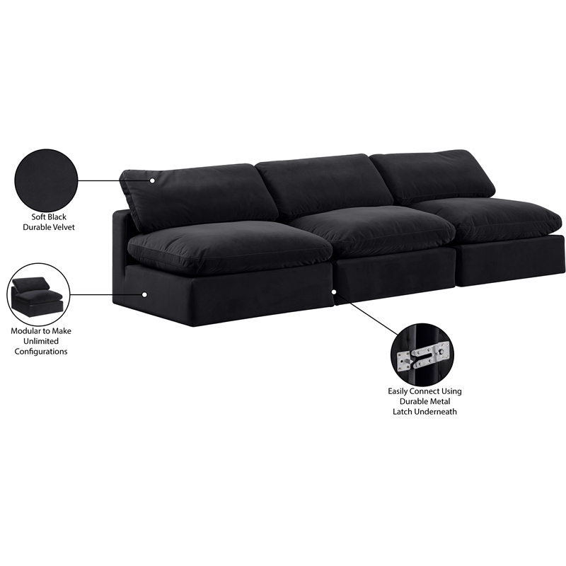 Meridian Furniture Comfy Black Velvet 3-Pc. Modular Sofa