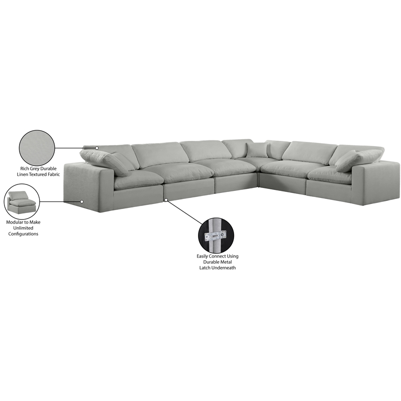 Meridian Furniture Comfy Grey Linen Textured Fabric 6-Pc. Modular Sectional