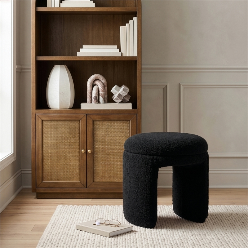 Meridian Furniture Bowen Black Faux Shearling Teddy Fabric Ottoman/Stool