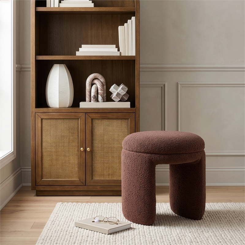 Meridian Furniture Bowen Brown Faux Shearling Teddy Fabric Ottoman/Stool